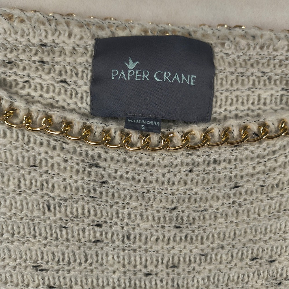 Paper Crane Sweater Gray  Knit Long Sleeve Metallic Gold Chain Trim Cozy Chic‎ - Picture 4 of 10